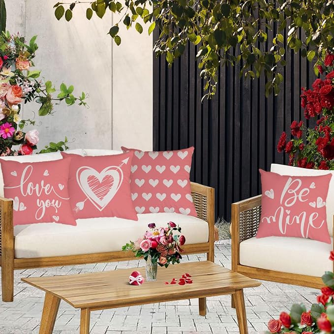 YeeJu Happy Valentines Day Pillow Covers 18x18 Set of 4 Pink Love Heart Kisses Hugs Throw Pillow Cases Velvet Wedding Anniversary Cushion Covers for Outdoor Couch Sofa Decoration(18 Inch)