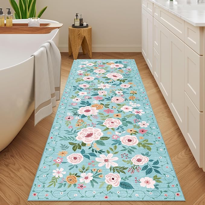DUKINO 2.6x8 Runner Rug, Washable Runner Rug for Hallway Non Slip, Teal | Low Pile, Soft, Floral Indoor Rug for Kitchen, Entryway, Bedroom, Bathroom, Pet Friendly, Stain Resistant, Modern Home Decor