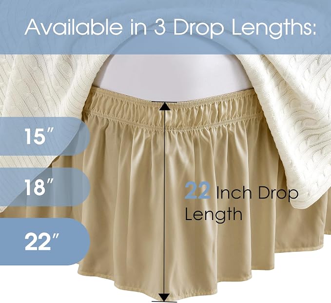 FreshCulture Twin Bed Skirt, Elastic Wrap Around Bed Skirt Twin Size, Bed Skirts for Adjustable Bed, Easy Fit with 22 Inch Drop Length, Hotel Quality Dust Ruffle for Twin Bed (Beige)
