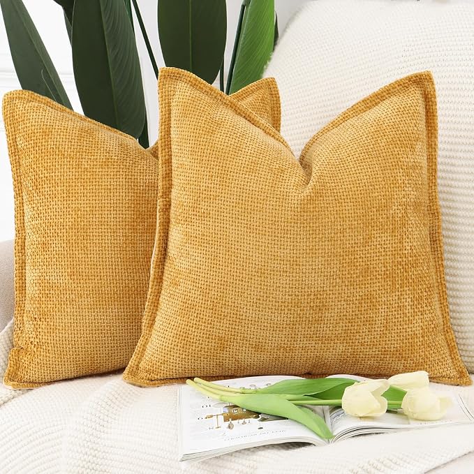 MADIZZ Decorative Chenille Velvet Throw Pillow Covers Set of 2 Soft Boho Textured Neutral Couch Throw Pillow for Bed Modern Farmhouse Home Decor for Sofa Livingroom Yellow 18x18 Inch