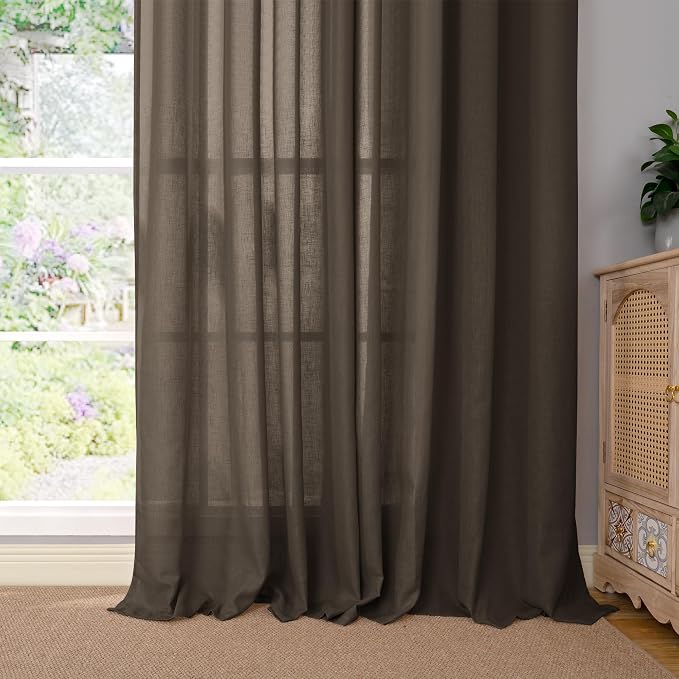 YoungsTex Extra Long Brown Linen Curtains 95 Inch Length for Living Room, Light Filtering Drapes Semi Sheer with Grommet Rustic for Dining Bedroom, 2 Panels, 52 X 95 Inch