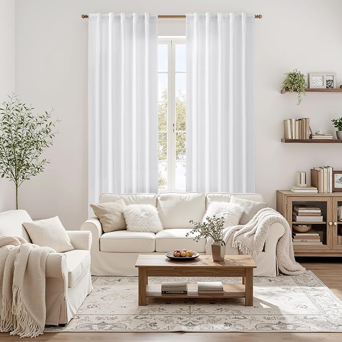 MIULEE Faux Linen Curtains 90 Inch Length 2 Panels Natural White Semi Sheer Curtain with Back Tab Rod Pocket, Light Filtering Window Privacy Burlap Drapes for Living Room Bedroom 42W x 90L