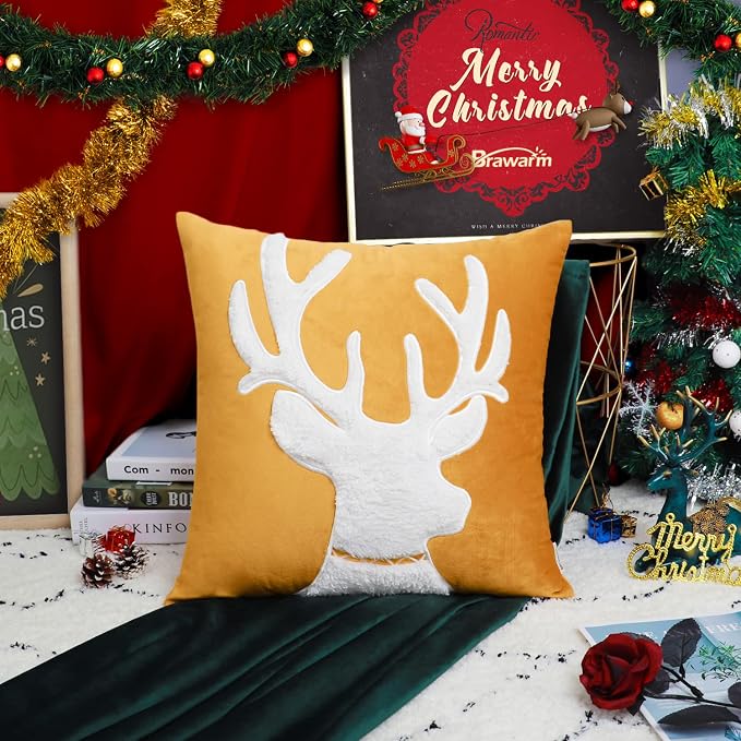 BRAWARM Christmas Pillow Cover 20 X 20 Inches, Gold Reindeer Embroidered Pillow Cover, Soft Velvet Decorative Throw Pillow for Couch Bed Sofa Living Room Home