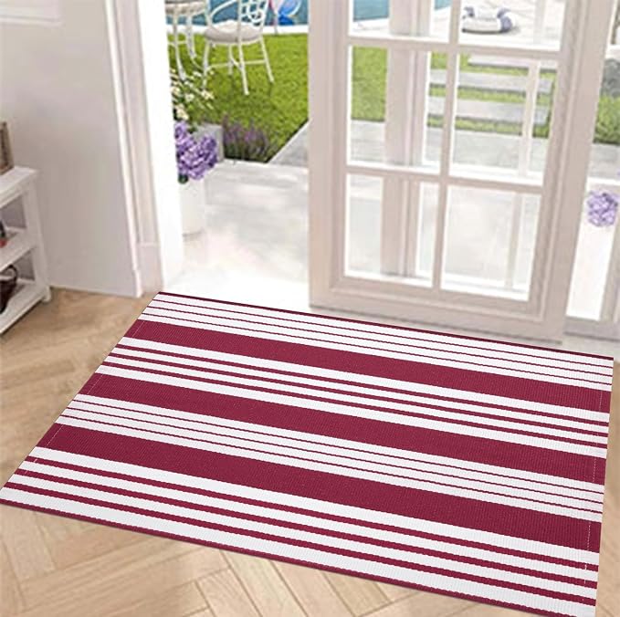 BUAGETUP Red and White Outdoor Rug 24"x51"Washable Front Porch Rug | Hand-Woven Cotton Farmhouse Layered Doormat Combined With Hello Welcome Mat