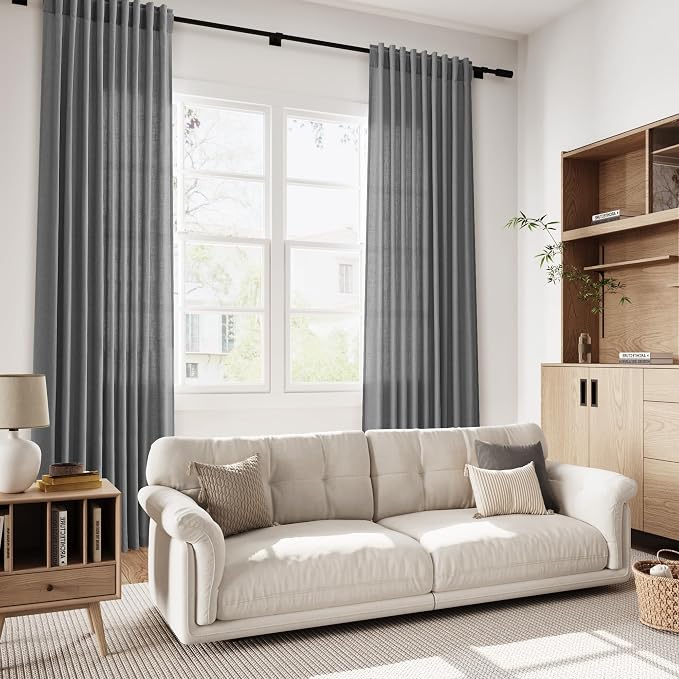 Blazer Grey Curtain Linen Blend Light Filtering Back Tab Curtains 96 Inches Long, Semi Sheer Privacy Drapes for Living Room & Bedroom, 52x96 inch, 2 Panels