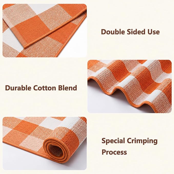 Buffalo Plaid Area Rug, Checkered Rug 3x5 Ft, Orange and White Rug, Washable Cotton Mat for Front Porch, Entryway, Kitchen, Living Room, Fall Decor