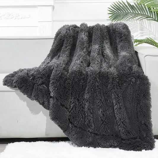 GONAAP Fuzzy Faux Fur Twin Blanket for Couch, Dark Grey, 60"x80" | Warm Cozy Plush Shaggy Decorative Reversible Thick Non-Heated Fleece Blanket for Sofa Bed, Gift for Women Men, All Season Use