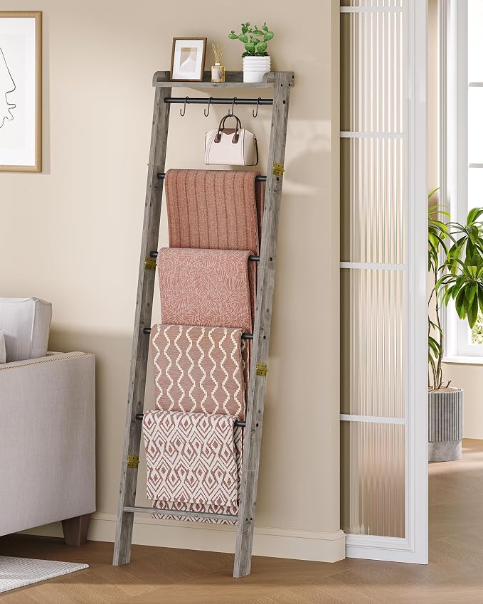 Hzuaneri Blanket Ladder Shelf, Farmhouse Ladder Holder, Blanket Organizer | 7-Tier Decorative Quilt Rack with 4 Removable Hooks 7.9" D x 17.3" W x 66.9" H, Greige BR36805B