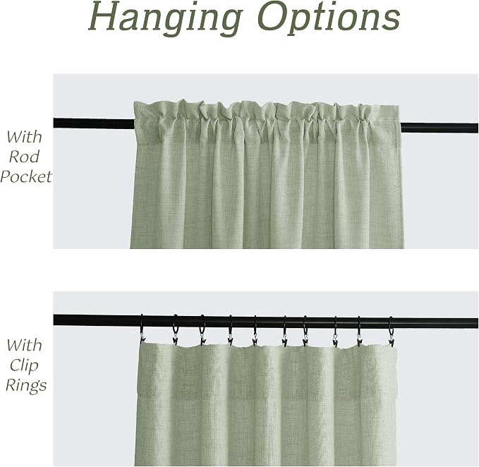 RYB HOME Linen Sheer Curtains 108 inches Long for Living Room | Breathable, Weave Textured, Rod Pocket, Semi Sheer, Sage Green, for Dining Room, W52 x L108, 2 Panels Set