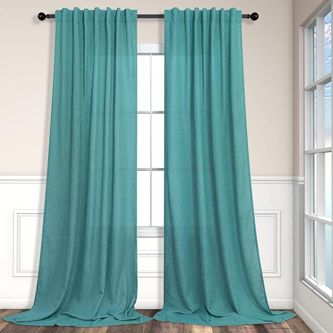 Pitalk Light Filtering Teal Sheer Curtains 108 Inches Long 2 Panels Set for Living Room Linen Semi Sheer Voile Light Weight Floor to Ceiling Turquoise Aqua Blue Green Drape for Bedroom 52x108 Back Tab