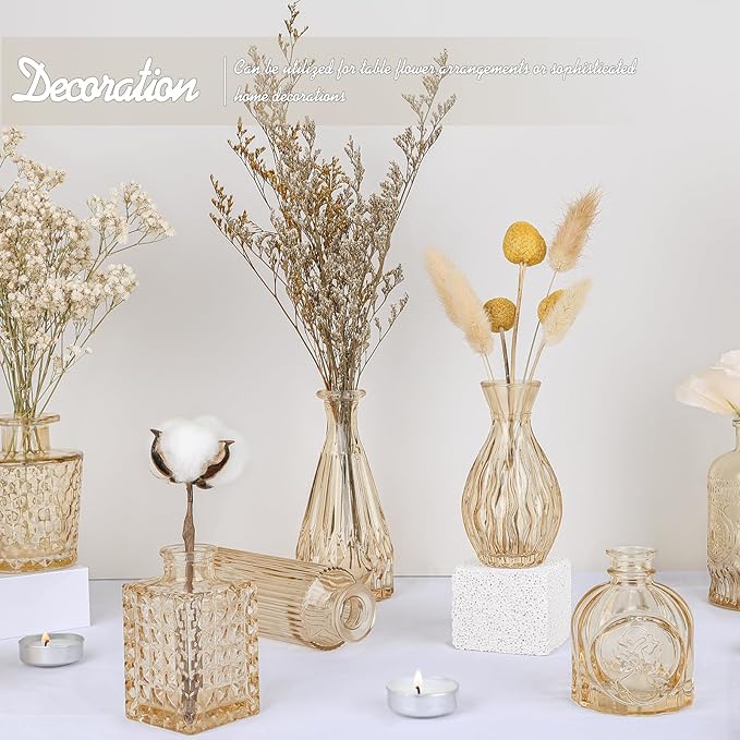 TBWIND 24pcs Amber Glass Bud Vases Set | Small Flower Vases for Centerpieces in Bulk, Mini Vintage Vase, Wedding Decor, Home Table Décor