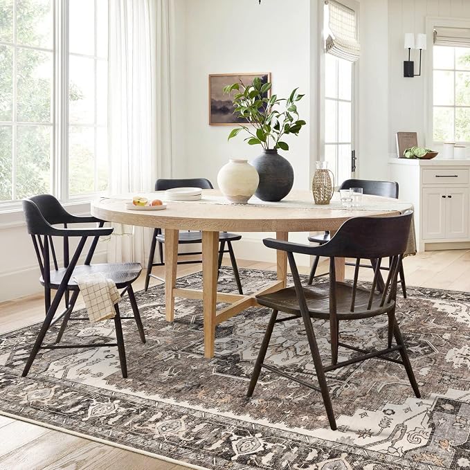 Washable Living Room Area Rug - 9x12 Large Bedroom Rug Distressed Oriental Non-Slip Non-Shedding Print Floor Carpet for Dining Room Kitchen（Beige, 9 x 12）