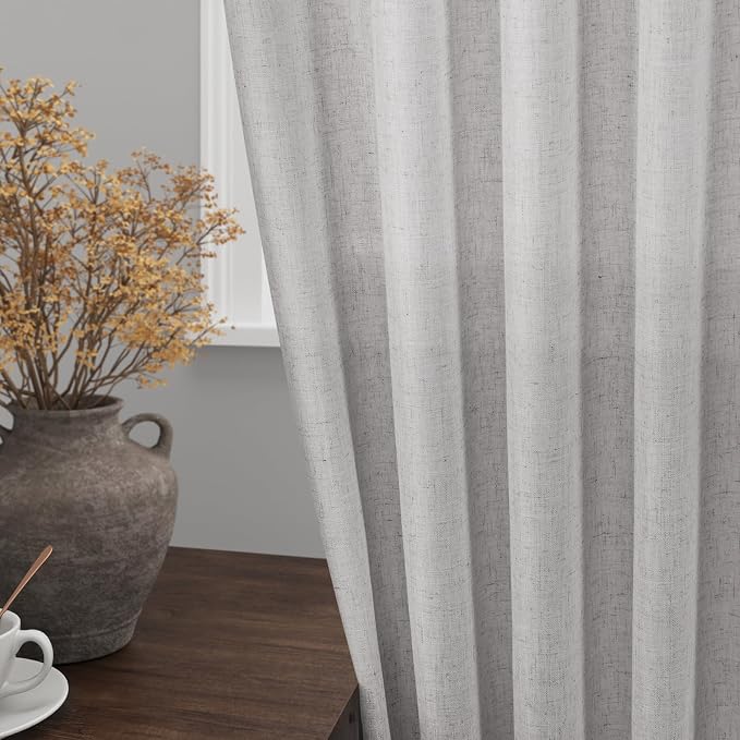 Grey Linen Back Tab Curtains 84 Inch Length for Living Room 2 Panel Set Neutral Modern Farmhouse Window Privacy Semi Sheer Linen Drapes Rustic Pinch Pleated Look Curtain 52x84