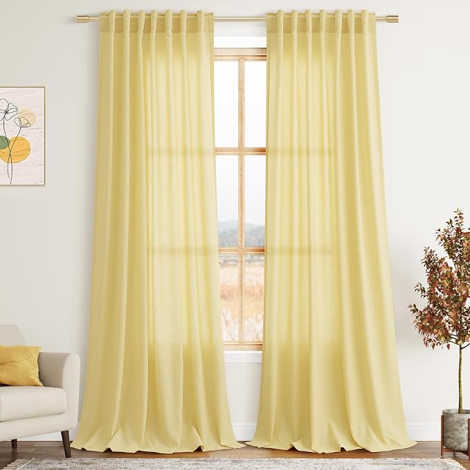 Yellow Linen Textured 96 Inch Curtains 2 Panel Set Back Tab Rod Pocket Sheer Light Filtering Boho Room Decor Aesthetic Curtain Burlap Look Curtain Drapes for Living Room Bedroom 8Ft 52x96 Inch