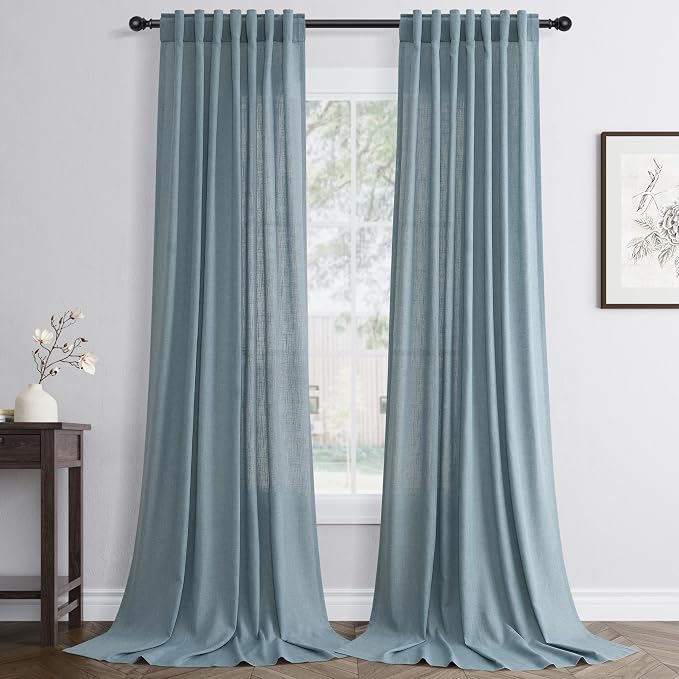 Jowels Blue Linen Curtains 105 Inch Long 2 Panels for Living Room | Light Filtering Semi Sheer Curtain, Back Tab Pocket Pleated Look, Boho Farmhouse Textured Privacy Drapes for Bedroom Window