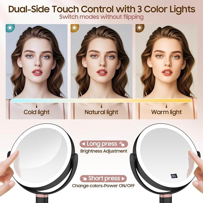 GOMIPURU Makeup Magnifying Mirror with Light 30X/1X, Digital Display, 2-Sided Touch Control, Makeup Mirror with 3 Color Lights,360° Rotate, Height Adjustable Lighted Magnifying Mirrors for Desk Travel