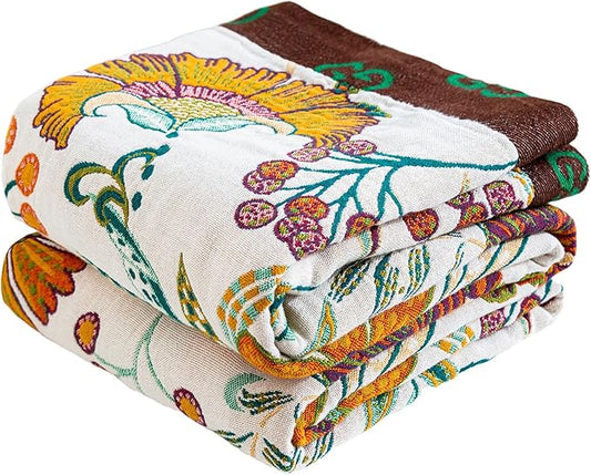 MSGKV Summer Throw Blanket 60"x80" 100% Cotton Woven Muslin for Couch & Bed | 100% Cotton Muslin Throw, Breathable Woven Quilt, Boho Vintage Style, All Season Comfort, Soft & Lightweight, Farmhouse Decor