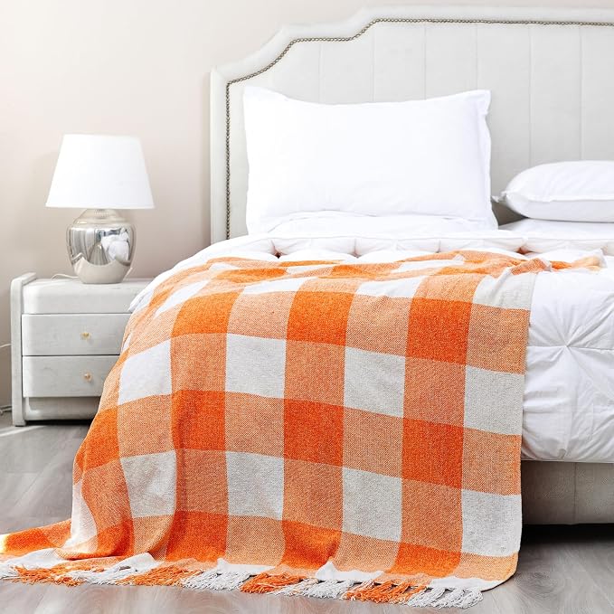Orange White Buffalo Plaid Decor Blanket, Lightweight Soft Chenille Check Knitted Rustic Farmhouse Throw with Tassels for Couch Sofa Chair Bed Office Home, 60" x 80"