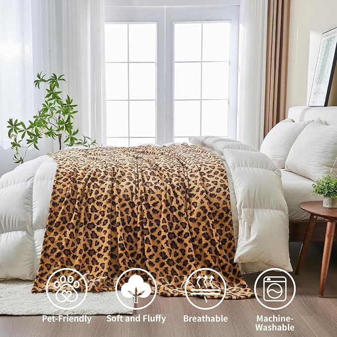 PLEASANT BOULEVARD | Leopard Throw Blanket Fleece, Premium Lightweight Cozy Warm Plush Microfiber Blanket for Couch Sofa and Bed (Dark Brown, Throw (50 x 60 inches))