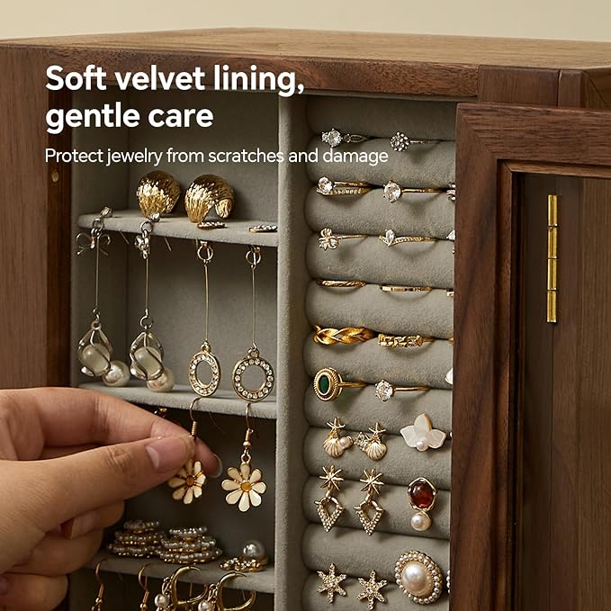 360 Rotating Design Wooden Jewelry Box for Women | Large Jewelry Organizer with Velvet Lining, 5 Drawers, Transparent Glass Doors, Black Walnut Wood Grain