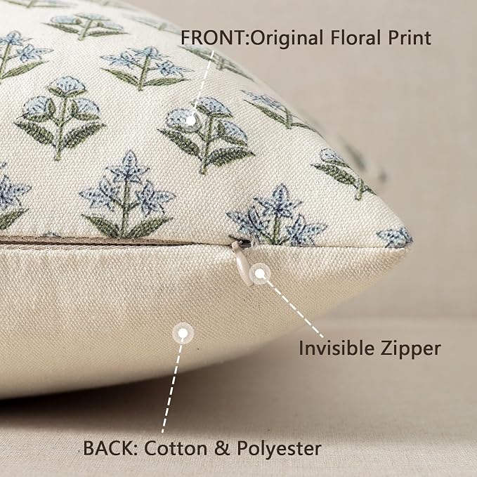 YCOLL Farmhouse Floral Pillow Covers 20x20 Set of 2, Rustic Country Decorative Cushion Covers Vintage Throw Pillow Covers for Sofa Couch Bed Living Room Home Decor, Blue Green