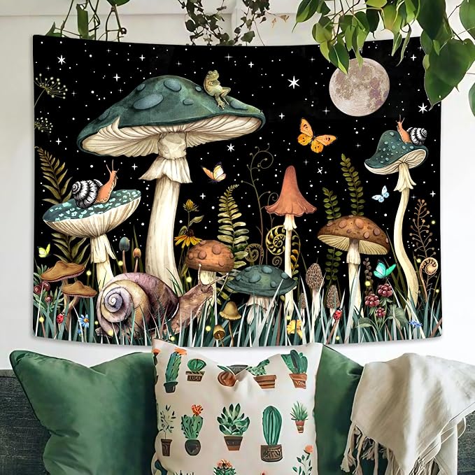 Zussun Green Mushroom Tapestry Moon Star Tapestries for Bedroom Aesthetic Starry Night Plant Tapastrys Wall Hanging Butterfly Snail Frog Wall Tapestry for Living Room Dorm (Dark, 60" x 44")