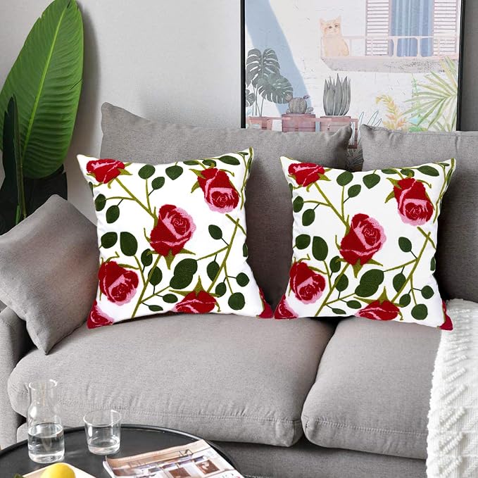 Alysheer Set of 2 Floral Embroidered Decorative Throw Pillow Cover 18" x 18" inches, Farmhouse Cottage Embroidery Red Rose Pattern Cotton Cushion Case for Sofa Couch Bed Living Room Outdoor Decor
