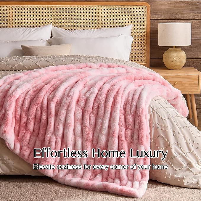 Lotus Karen Faux Fur Throw Blanket, 900 GSM Dual-Sided Soft Ruched Fluffy Blanket for Couch, Cozy Fuzzy Plush Throw Gifts for Women Man Bedroom Living Room (Tie-Dye Pink, 50"x60")