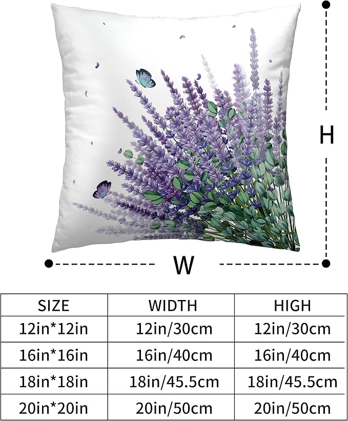 Lavender Decorative Pillow Covers Spring Summer Farmhouse Square Pillowcases for Outdoor Living Room Garden Sofa Set of 2 Purple Flowers with Butterfly Throw Pillow Covers 22x22