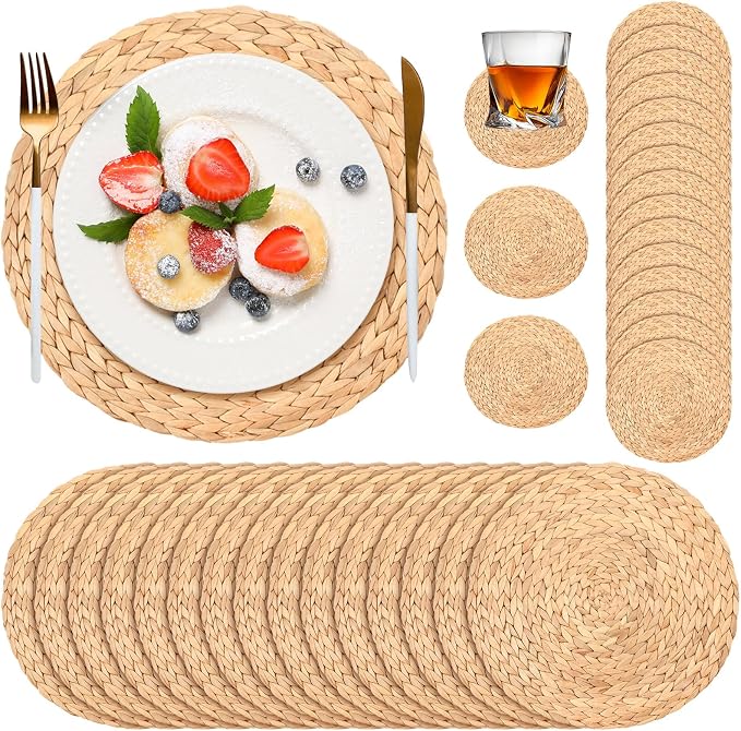 Geosar 200 Pcs Light Brown Woven Disposable Paper Placemats Set 14 Inch | With Coasters for Drinks, Paper Rattan Placemats Boho Farmhouse Rustic Table Decor for Wedding Bridal Shower Birthday