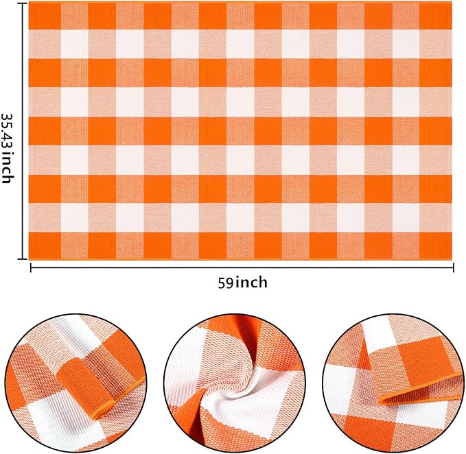 Orange and White Outdoor Rug 3'x5',Farmhouse Checkered Front Porch Rug Woven Washable Front Door Mat Outdoor for Halloween Mat,Bedroom,Entryway,Patio