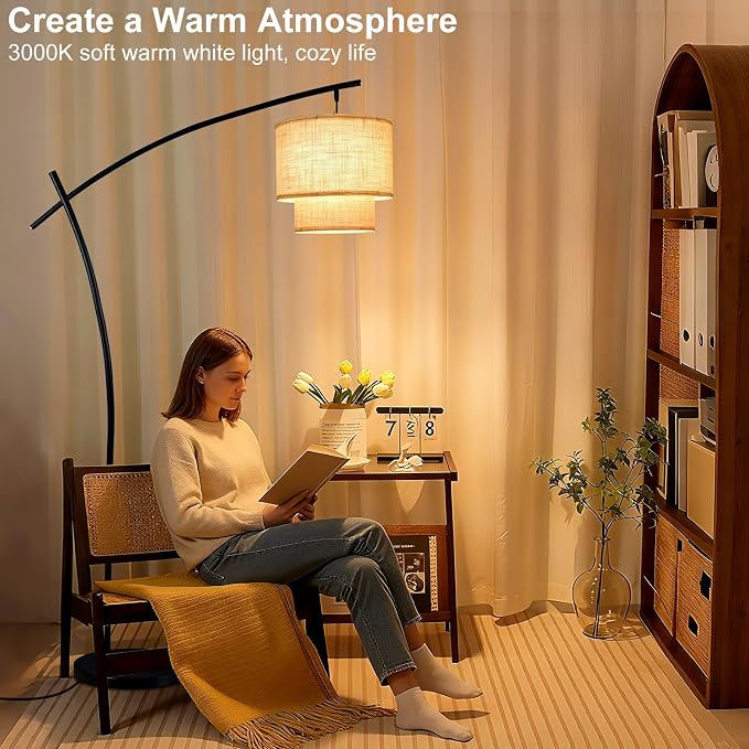 Lightdot Arc Floor Lamp for Living Room, Modern Standing Tall Lamps with Double Linen Shade, Tall Hanging Pole Lamp with Stable Base & Bulb Included for Bedroom/Sofa Beside/Corner Decor-Black
