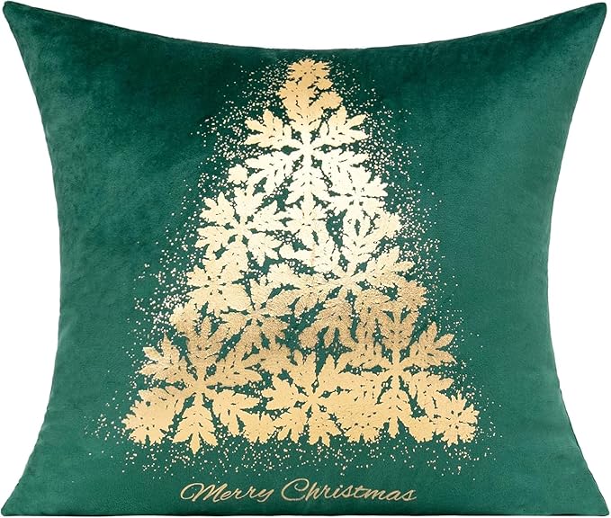 All Smiles Dark Green Gold Christmas Decorations Throw Pillow Covers Cases 20X20 Set of 4 Winter Xmas Indoor Home Décor Ornaments Velvet Navidad Cushion for Sofa Christmas Tree Snowflake Reindeer