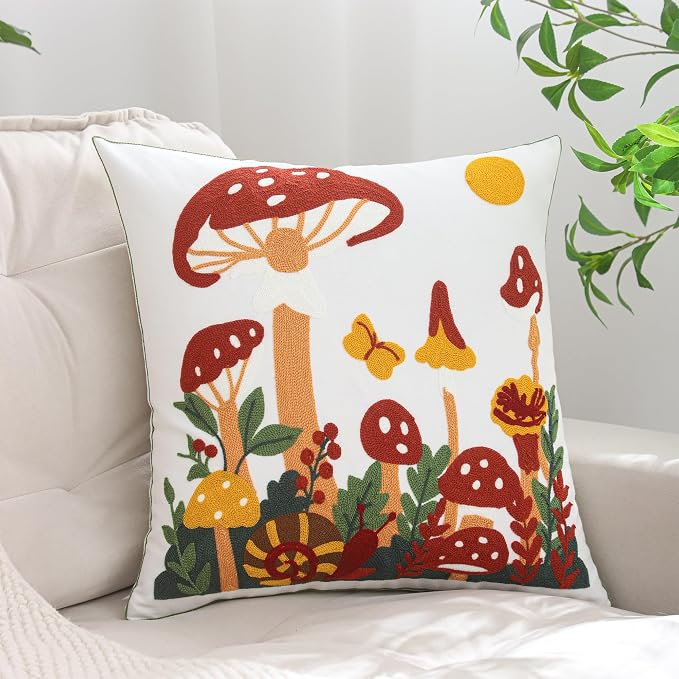 LUOYEHK Mushroom Pillow Covers 18x18 Inch Set of 2 Embroidered Throw Pillow Covers Decorative Pillow Cover Spring Summer Boho Cushion Pillowcase for Couch Sofa Bed Living Room, Mushroom Snail