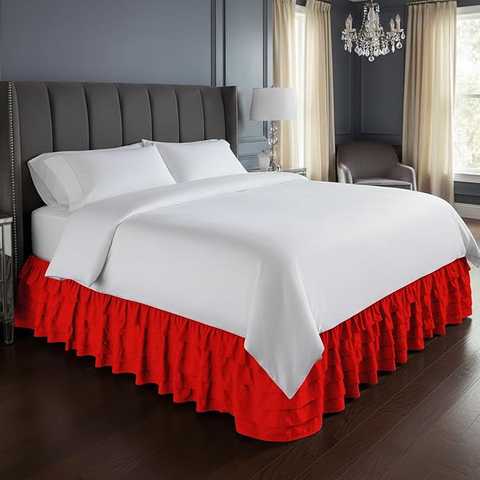 Elegant Comfort Luxurious Premium Quality 1500 Thread Count Wrinkle and Fade Resistant Egyptian Quality Microfiber Multi-Ruffle Bed Skirt - 15inch Drop, California King, Red