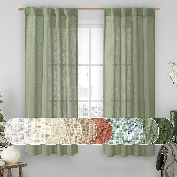 60 Inch Length Window Linen Curtains, Light Filtering Sheer Panels | Semi Sheer Panels, Neutral Curtains for Bedroom, Living Room, Rod Pocket Back Tab, Sage Green, 2 Panels, 34 x 60 Inch