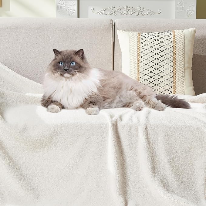 NEWCOSPLAY Knitted Throw Blanket for Couch Sofa Bed, Ivory, 50"x60" | Super Soft Plush, Fuzzy Fluffy Microfiber, Lightweight Cozy Blanket for Room Decor, All Season Use