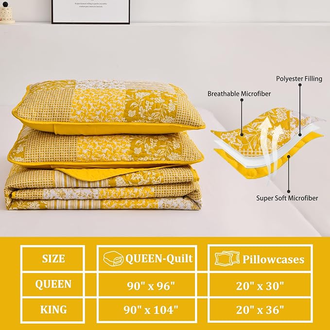 Mybedsoul Boho Quilts Queen Size, Floral Patchwork Fall Bedding Set, Yellow | Soft Lightweight Microfiber Coverlet Set, 3 Pieces Plaid Reversible Bedspread, Bed Sets for All Seasons 90"x96"