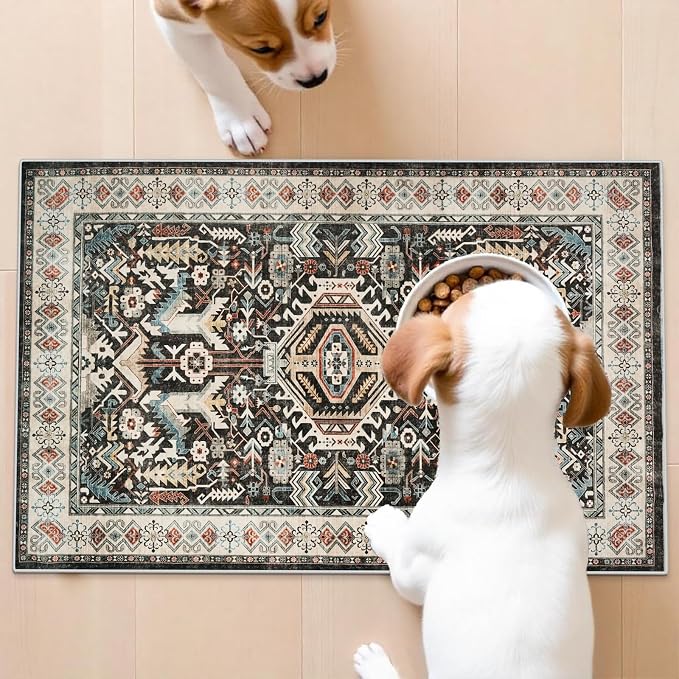 Entryway Washable Area Rug 2x3 - Small Doormat Vintage Distressed Rugs Oriental Non-Slip Stain Resistant Carpet Soft Thin Non-Shedding Indoor Floor Mat for Bedroom Bathroom Kitchen(Black,2x3)
