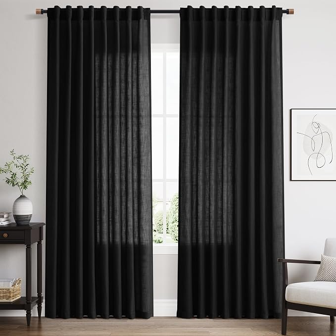 Linen Curtains 84 Inch Length for Living Room Bedroom Black Simple Modern Semi Sheer Curtains Set Back Tab Rod Pocket Cotton Textured Privacy Drapes 60x84, 2 Panels
