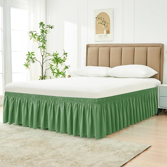 Wrap Around Bed Skirt Full Size 25 Inch Drop-Elastic Long Dust Ruffle Sage | Adjustable Pleated Bedskirt-Easy Fit Wrinkle Resistant Washable Bed Skirting-Hotel Studio Apartment Home Guest Bedroom Rental