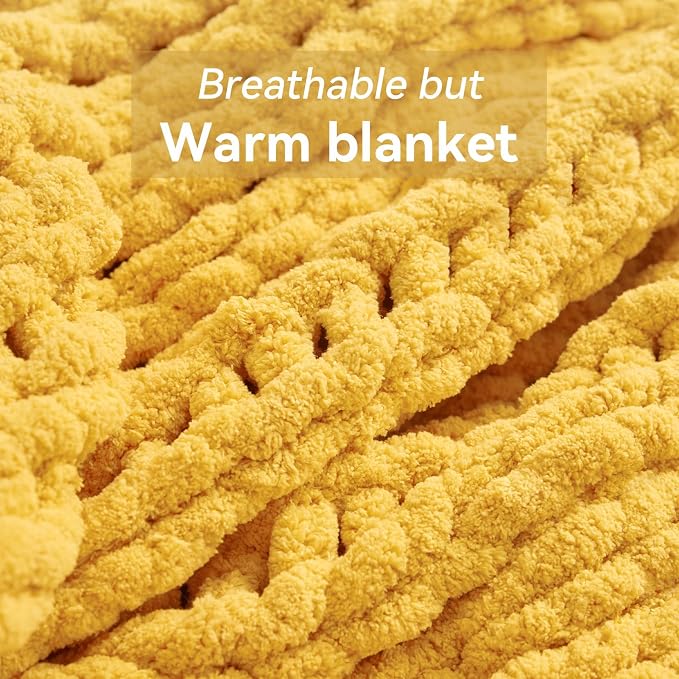 Negwoo Chunky Knit Throw Blanket, Knitted Throw Chenille Yarn, 40"*50" | Soft Thick Cable Knitted Blankets, Handmade Big Thick Blanket, Machine Washable Cute Comfy Blanket for Home Decor, Yellow