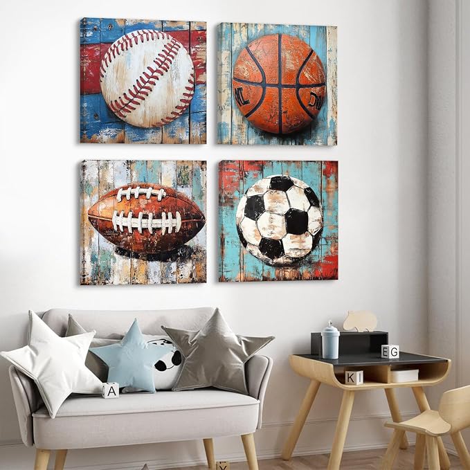 Vintage Sports Wall Art Boys Room Decor Rustic Soccer Posters Playroom Baseball Basketball Football Pictures Kids Bedroom Vintage Balls Wood Grain Floor Nursery Toddler Baby Home Decorations 20x20” 4P