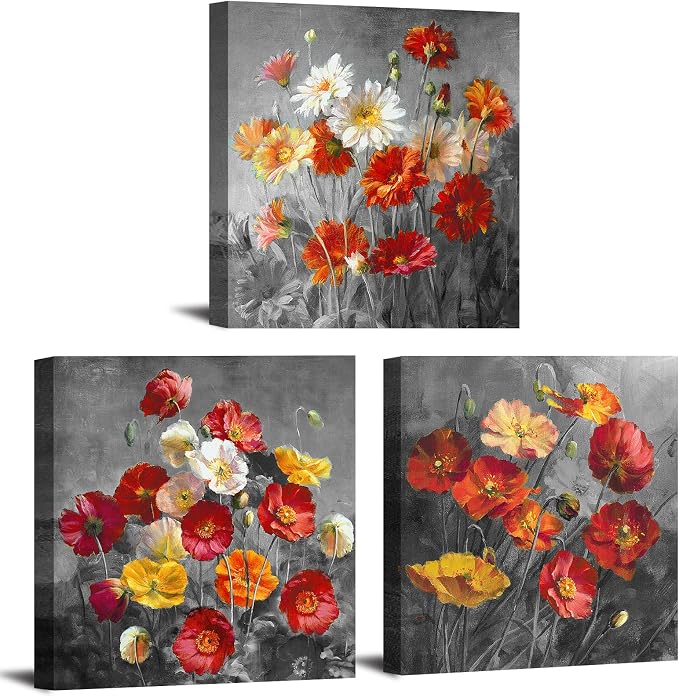 Burnt Orange Poppy Wall Art Bedroom Flower Pictures Wall Decor Wildflower Paintings Daisy Poppies Posters Black and Grey Botanical Canvas Prints Artwork for Living Room Home Decorations 12x12" 3 Piece