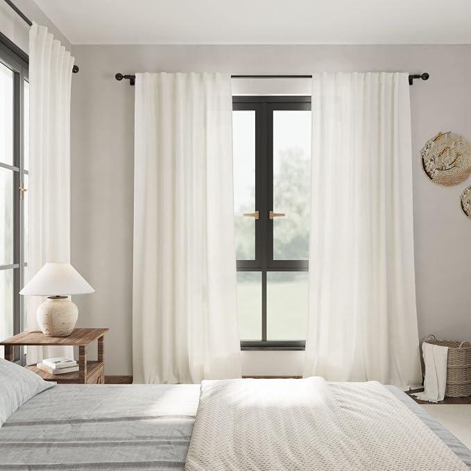 Elegant Cream Linen Curtains Semi Sheer Curtain 98 Inches Long for Bedroom Neutral Light Filtering Drapes for Livingroom 2 Penels Set Back Tab Window Curtains Linen Textured 52x98