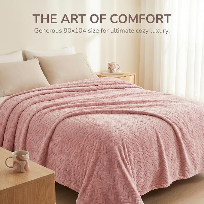 Exclusivo Mezcla Soft Fleece Blanket Twin Size for Bed, Sofa, Pink | 90"x66" Breathable Lightweight Flannel Blanket for Summer, Plush Cozy Jacquard Wave for Home Decor