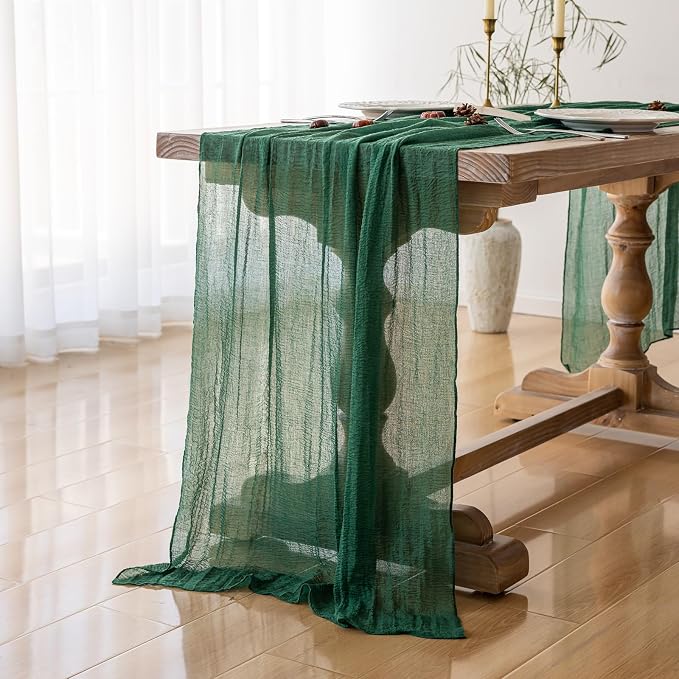 6Pcs Emerald Green Cheesecloth Table Runner 120 Inches for Party Home Decor | For Wedding Baby Shower Bridal Shower Birthday Engagement Party 10FT Rustic Boho Home Decorations