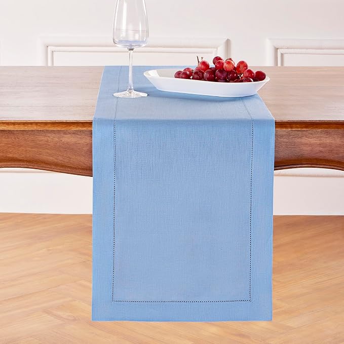Solino Home 100% Pure Linen Dining Table Runner Cornflower Blue, 14 x 90 in | Classic Hemstitch, dresses up dining tables for everyday meals, hemstitched border, mitered corners, soft, OEKO-TEX Certified