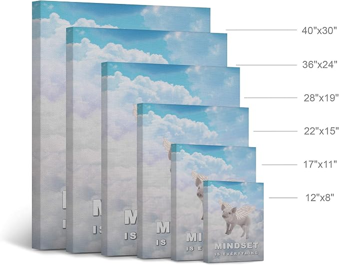 Smile Art Design Mindset is Everything Pig with Wings Flying in Sky Motivational Wall Art Canvas Print Inspirational Entrepreneur Quote Canvas Print Modern Office Decor Gift Ready to Hang 28x19