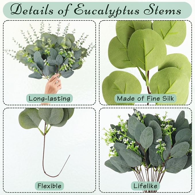 Eucalyptus Stems Bulk 60 Pcs, 4 Kinds Mixed Artificial Silver Dollar Eucalyptus Leaves Bundle Faux Greenery Branches for Wedding Vase Bouquet Floral Arrangement Centerpiece Home Decor
